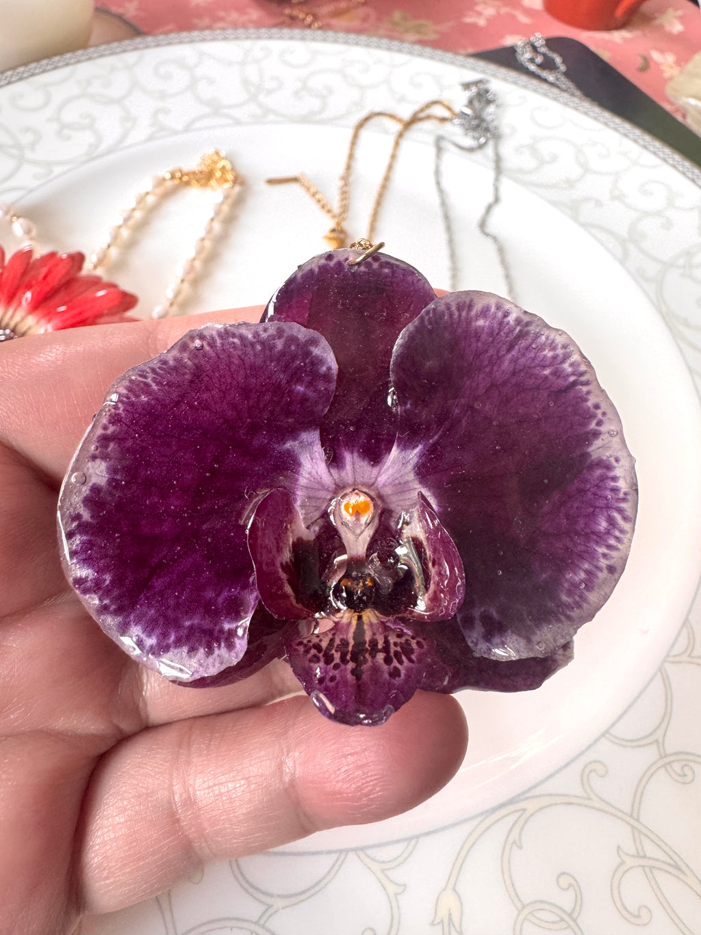 Deep Purple Orchid Stainless Steel Necklace – 3D Real Flower Pendant