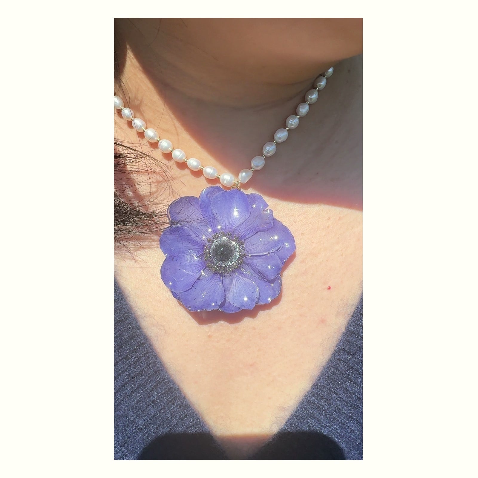 Blue-Purple Anemone Pearl Necklace handmade real flower jewelry