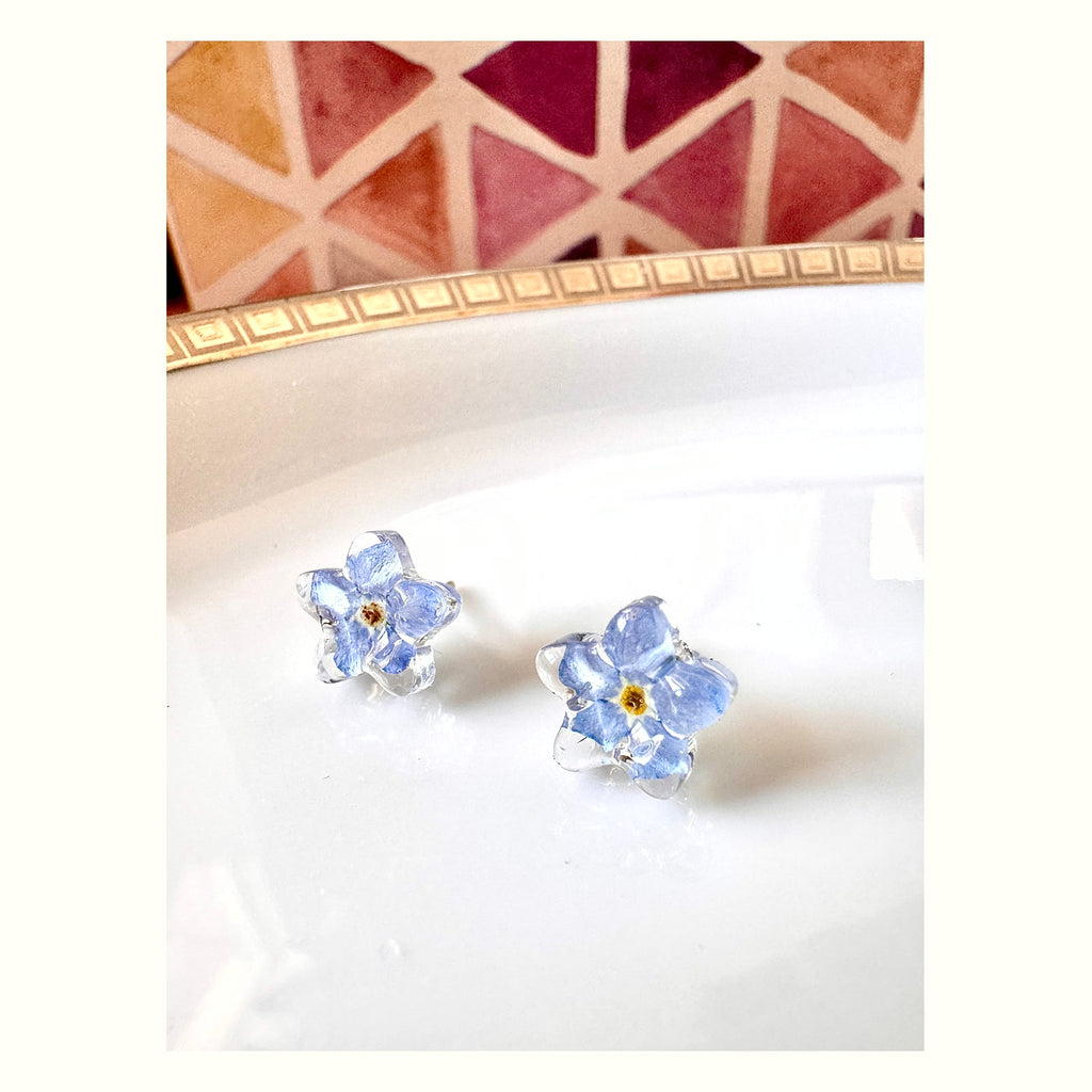 Forget-Me-Not Silver Stud Earrings handmade real flower jewelry