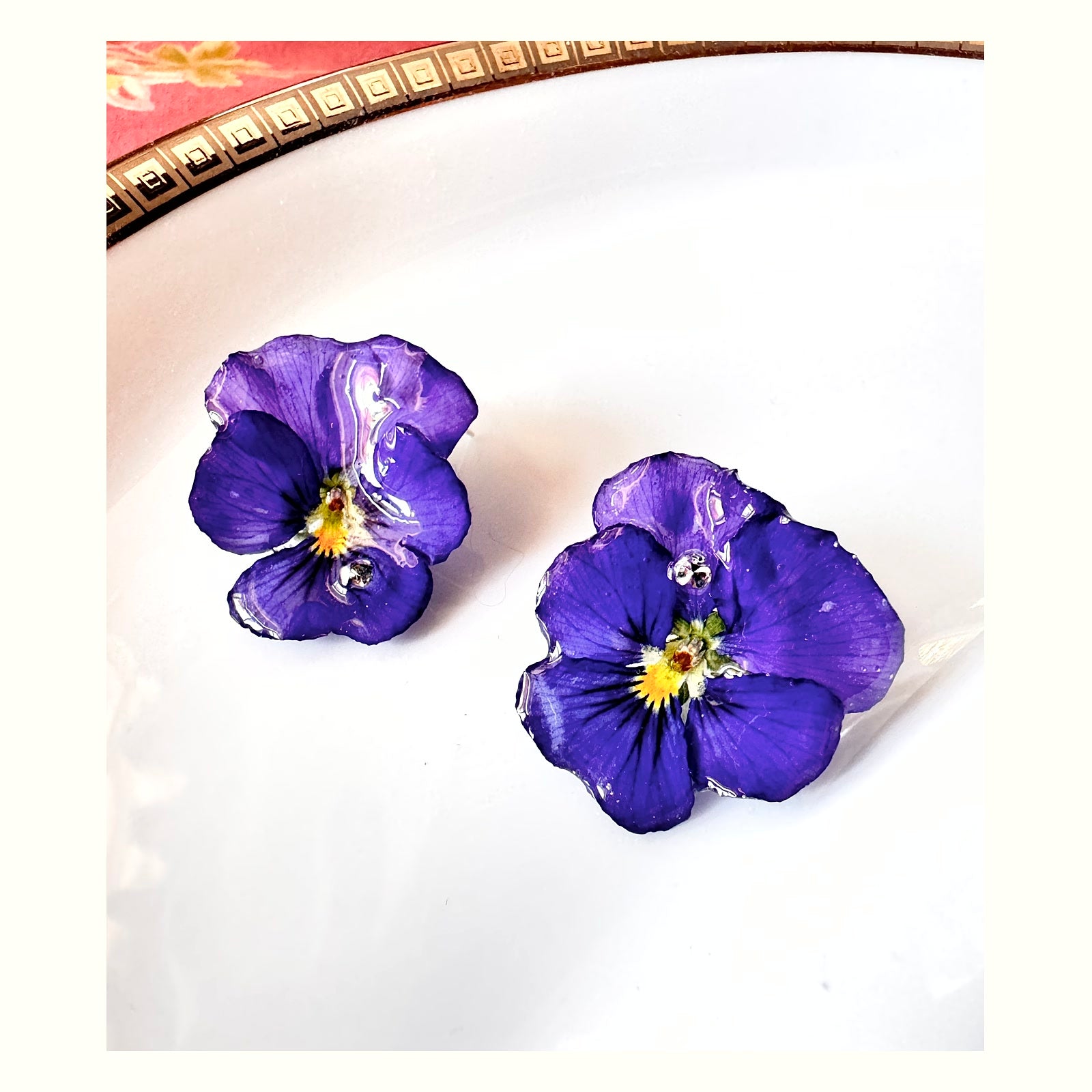 Pansy Silver Stud Earrings handmade real flower jewelry