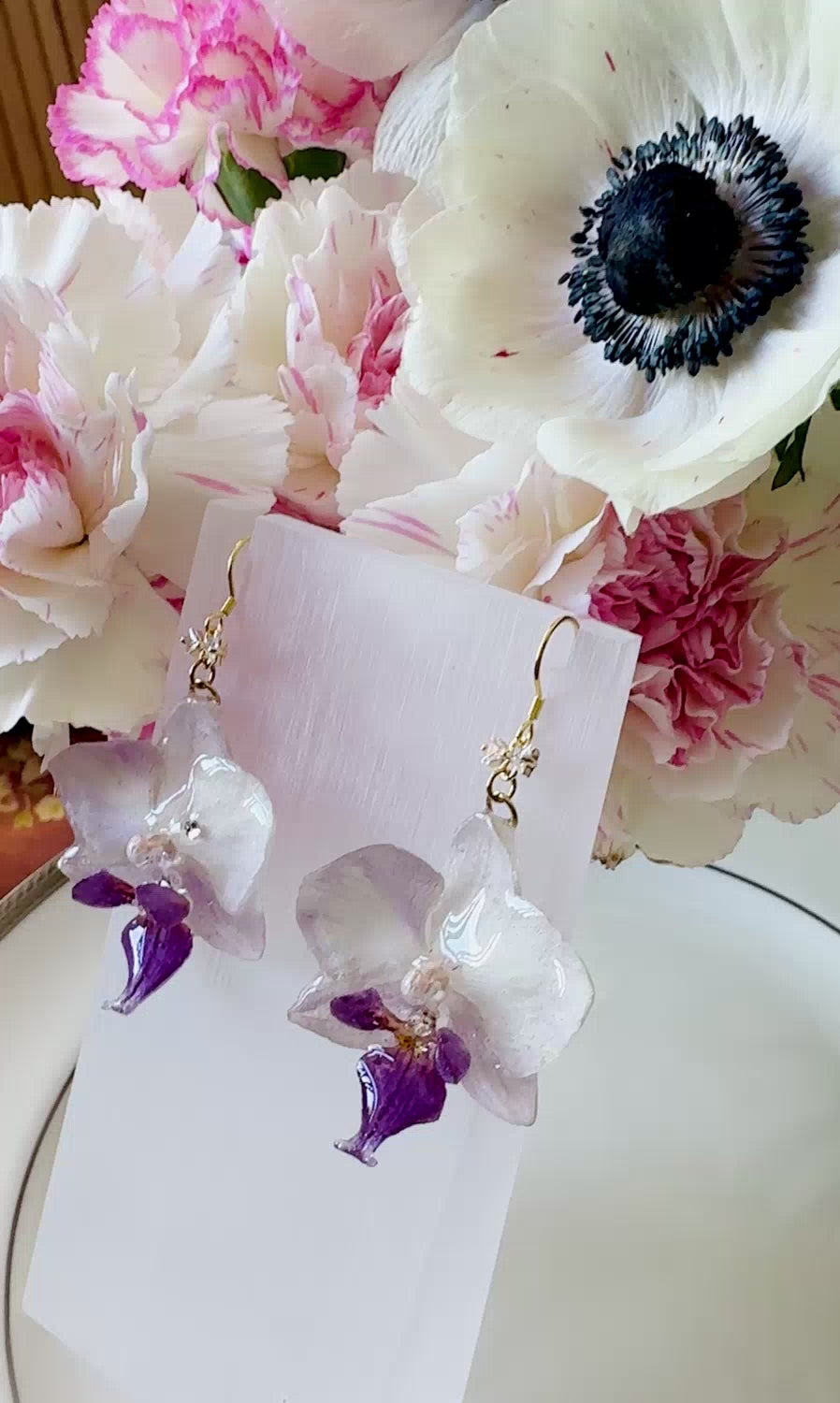 Sparkling White-Purple Phalaenopsis Orchid Silver Earrings