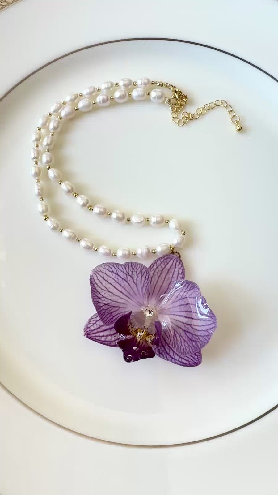 Purple Striped Phalaenopsis Orchid Pearl Necklace