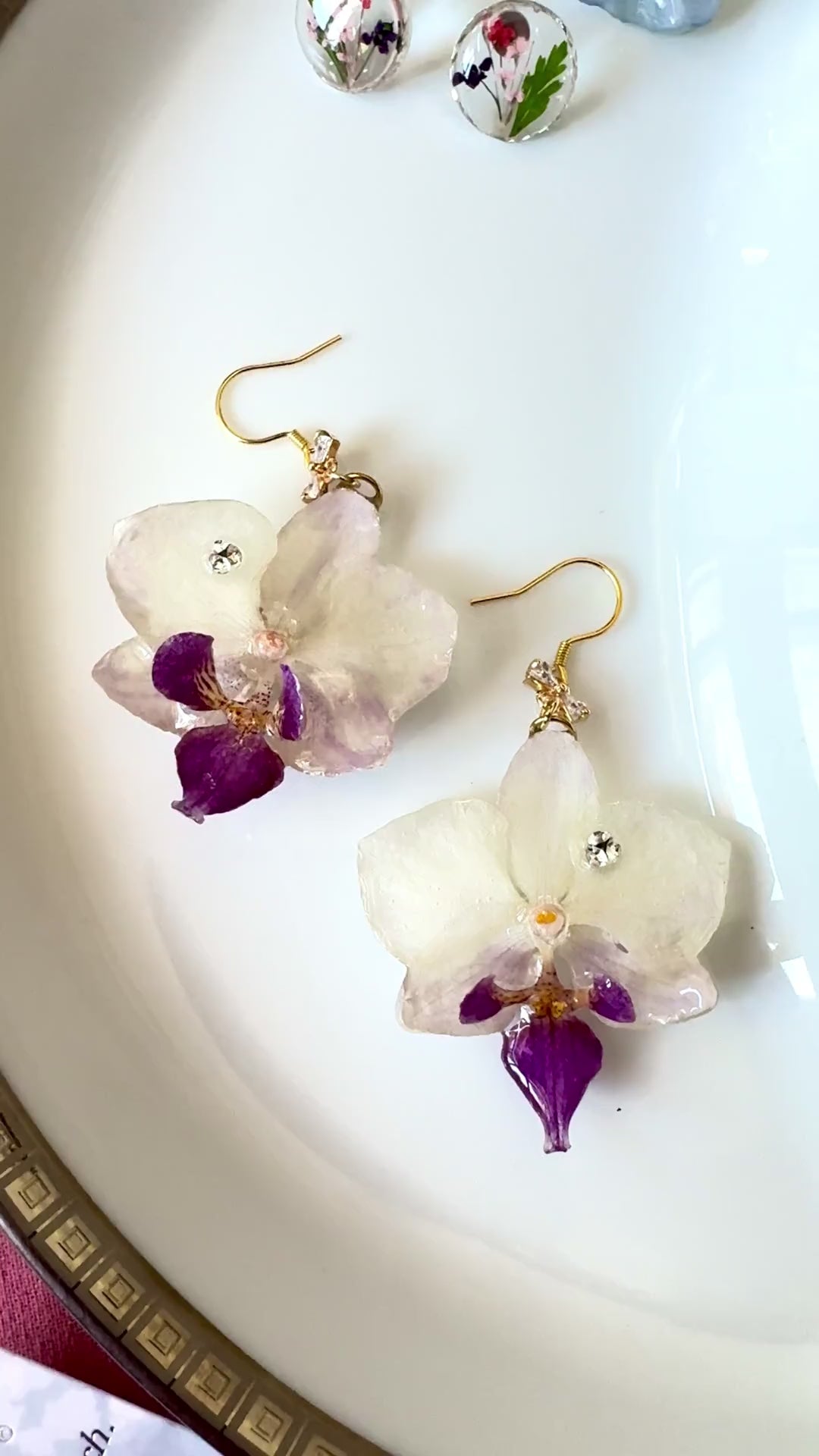 Sparkling White-Purple Phalaenopsis Orchid Silver Earrings