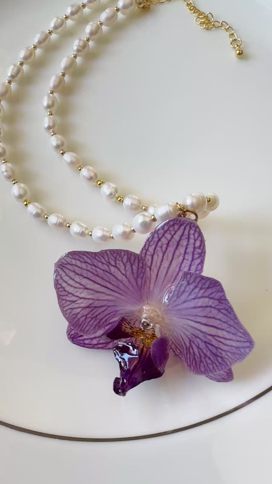 Purple Striped Phalaenopsis Orchid Pearl Necklace