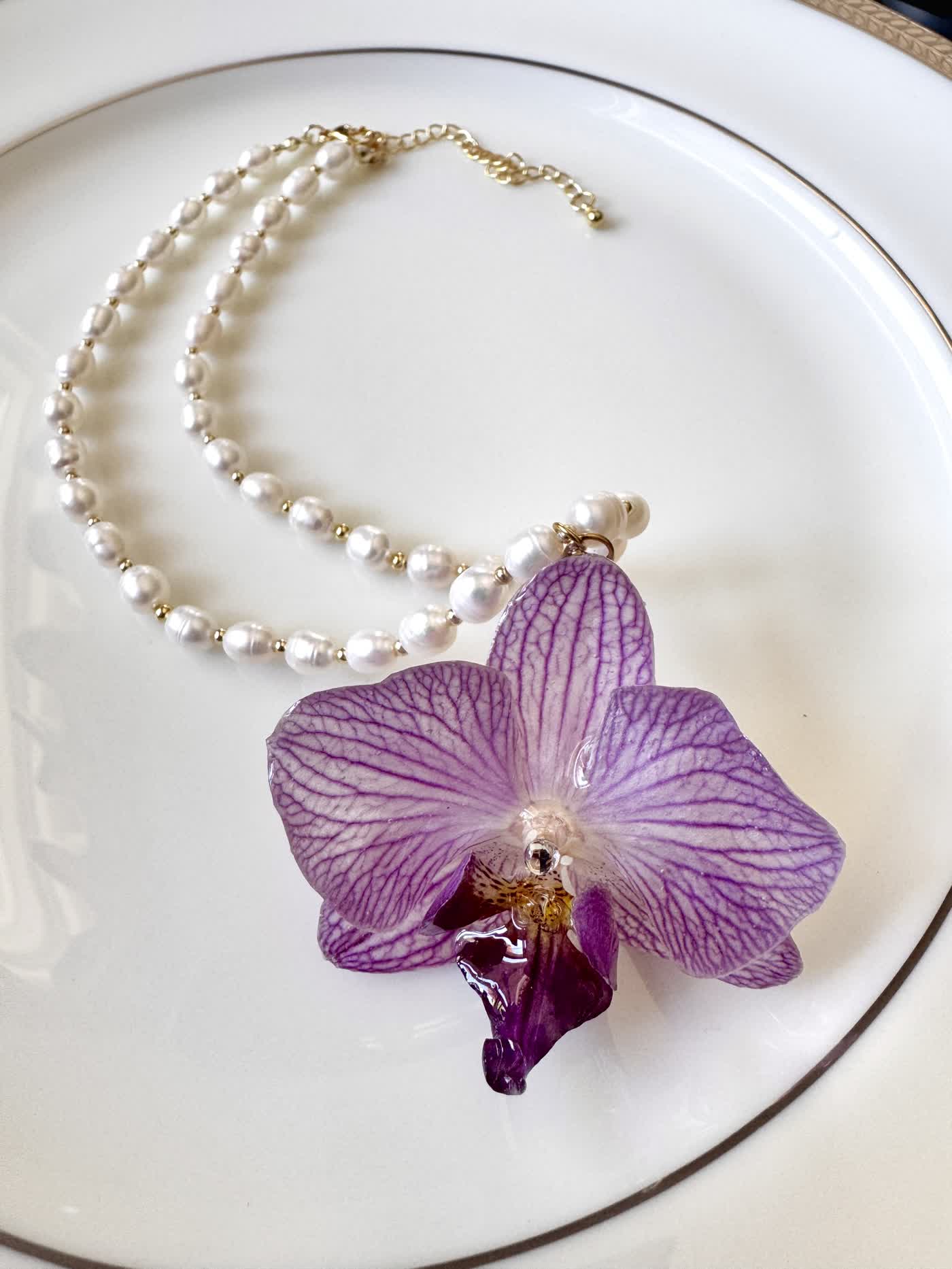 Purple Striped Phalaenopsis Orchid Pearl Necklace