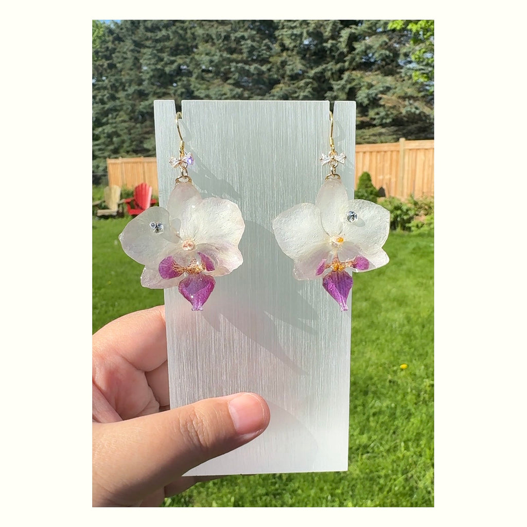Sparkling White-Purple Phalaenopsis Orchid Silver Earrings handmade real flower jewelry