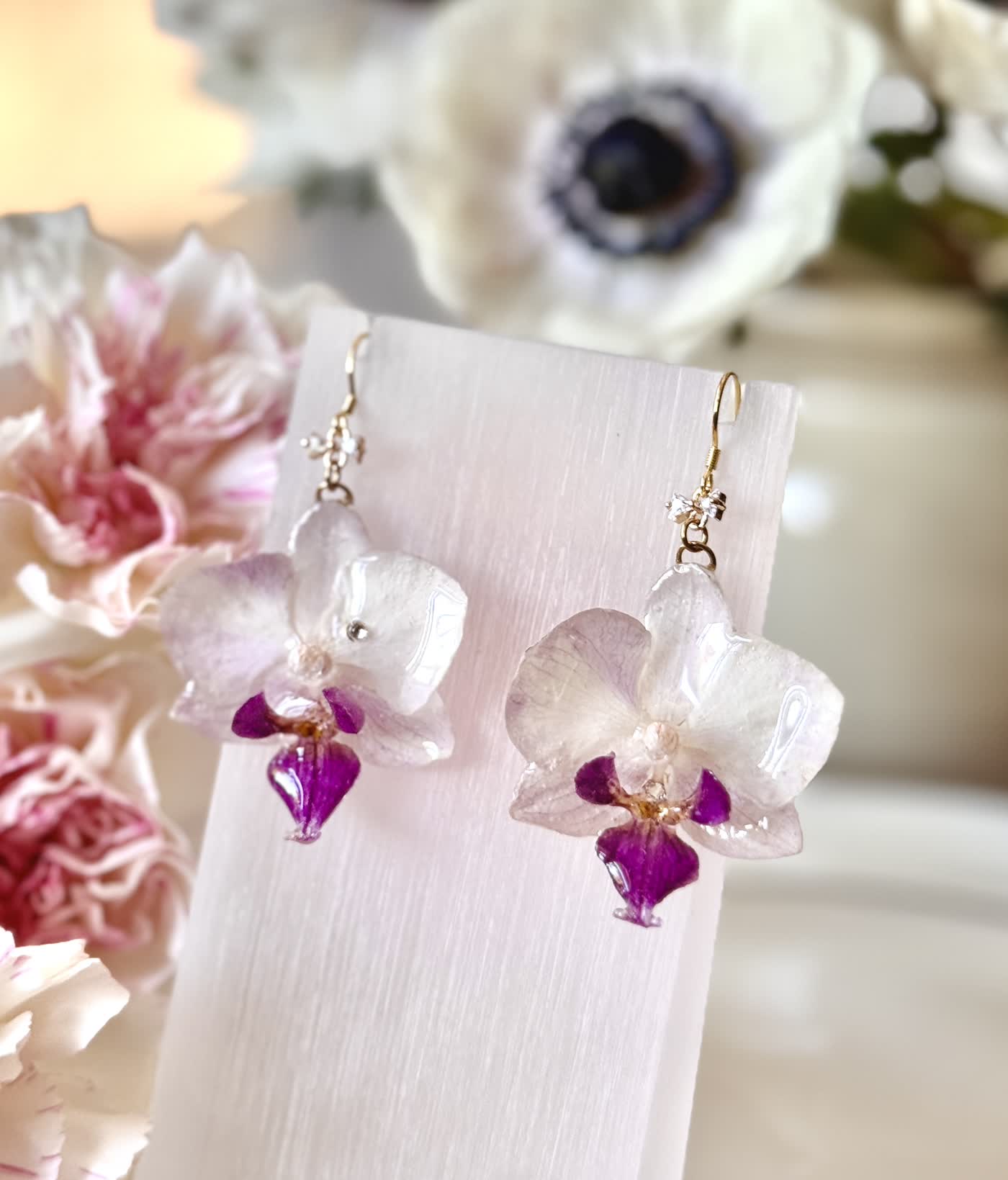 Sparkling White-Purple Phalaenopsis Orchid Silver Earrings