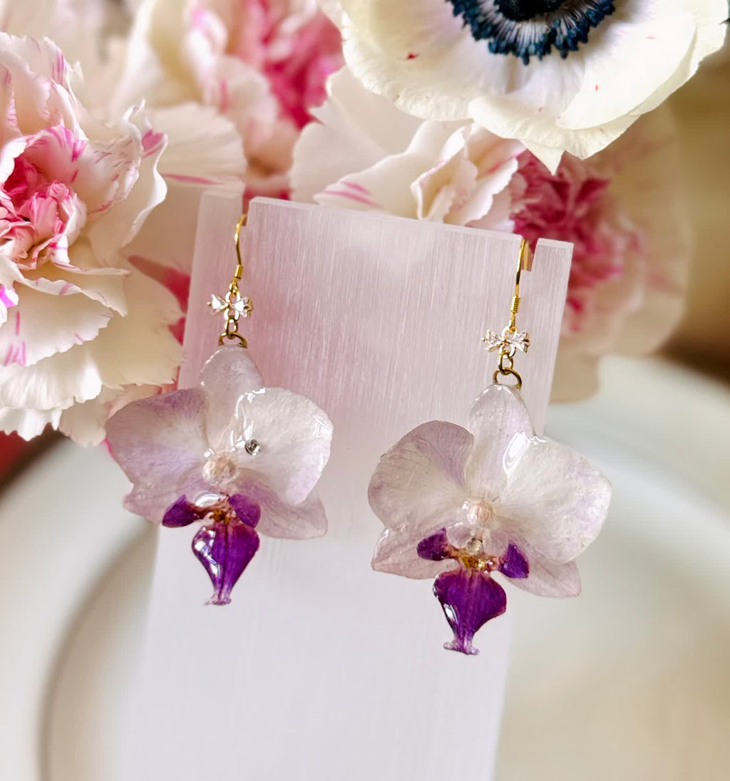 Sparkling White-Purple Phalaenopsis Orchid Silver Earrings