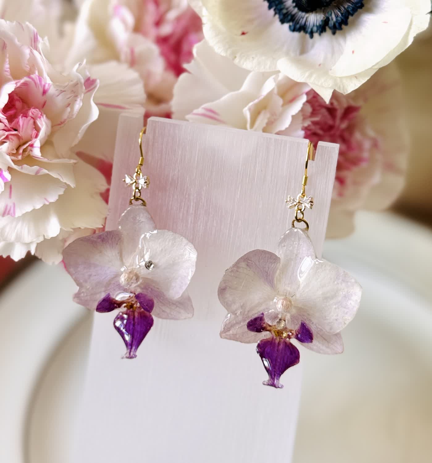 Sparkling White-Purple Phalaenopsis Orchid Silver Earrings