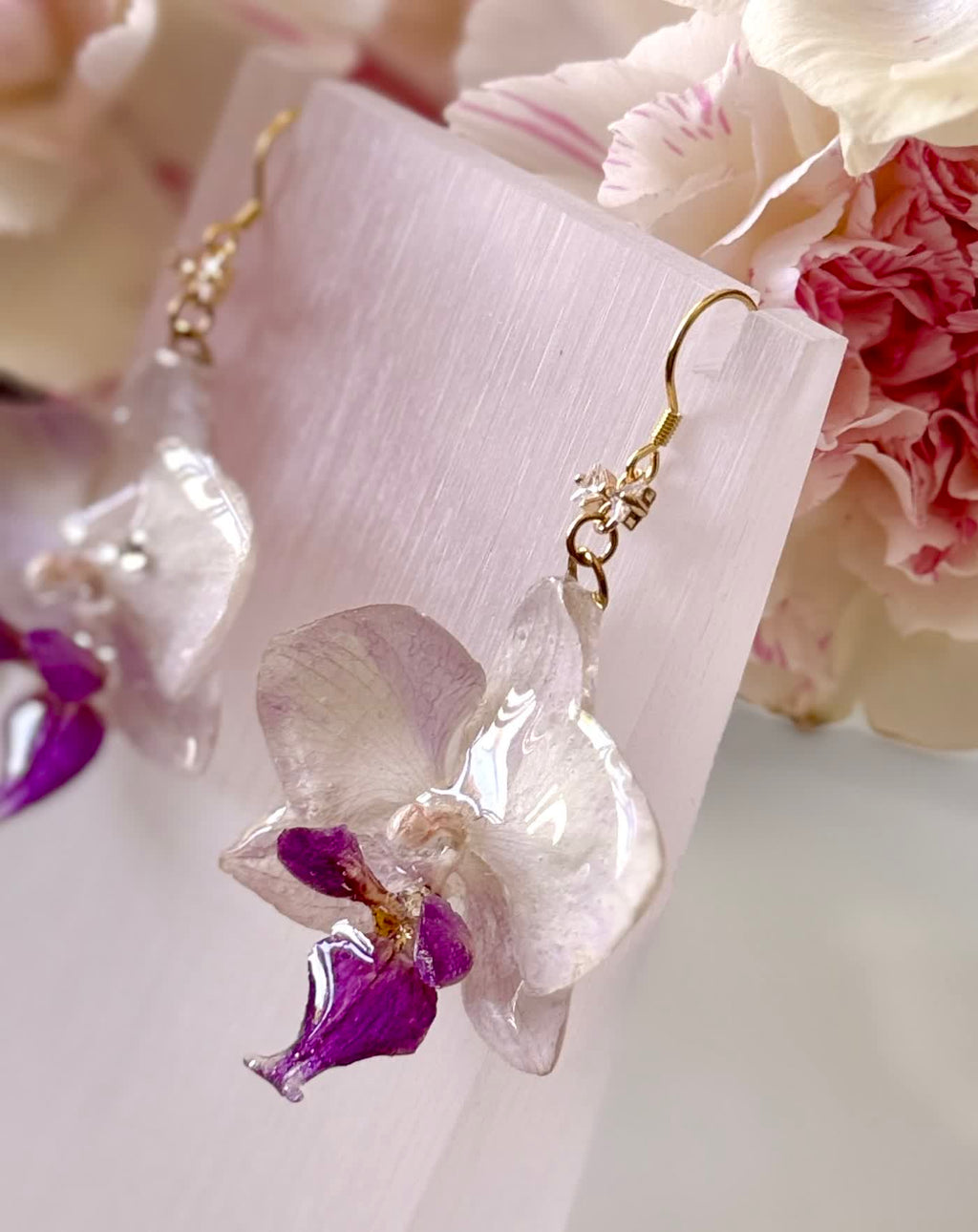 Sparkling White-Purple Phalaenopsis Orchid Silver Earrings
