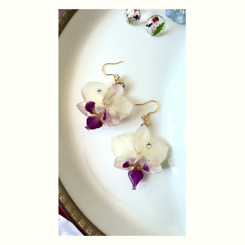 Sparkling White-Purple Phalaenopsis Orchid Silver Earrings handmade real flower jewelry