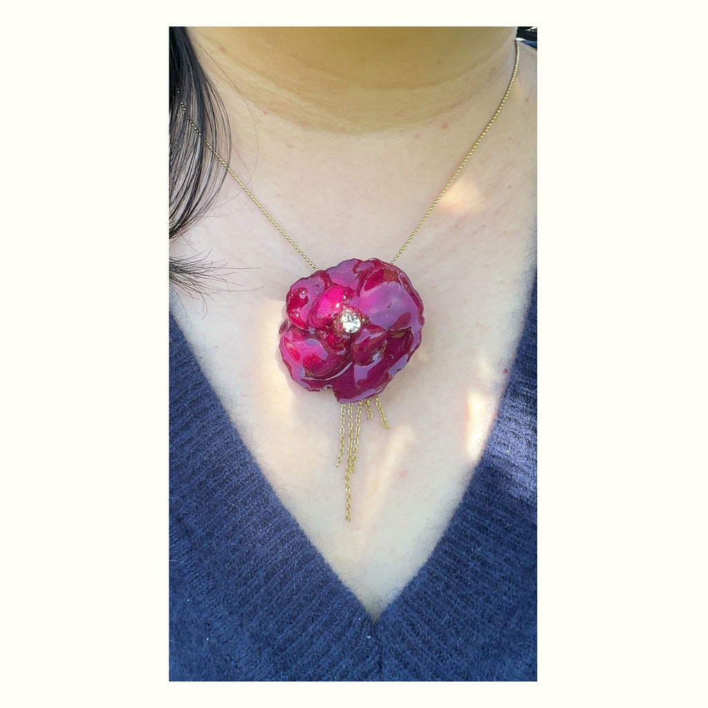 Vintage Red Rose Stainless Steel Necklace handmade real flower jewelry