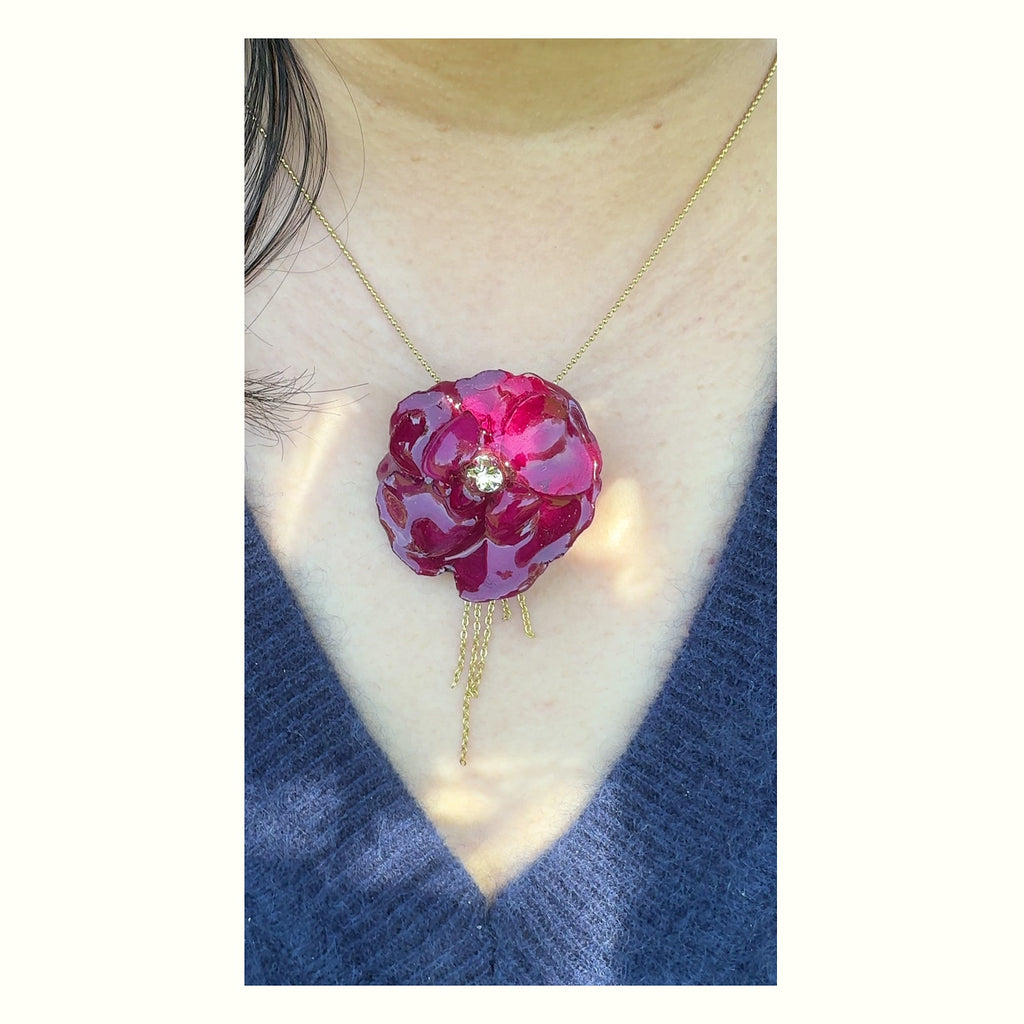 Vintage Red Rose Stainless Steel Necklace handmade real flower jewelry