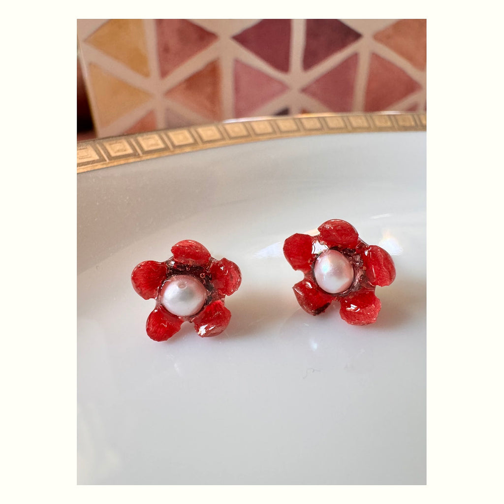 Wax Flower Pearl Silver Stud Earrings handmade real flower jewelry