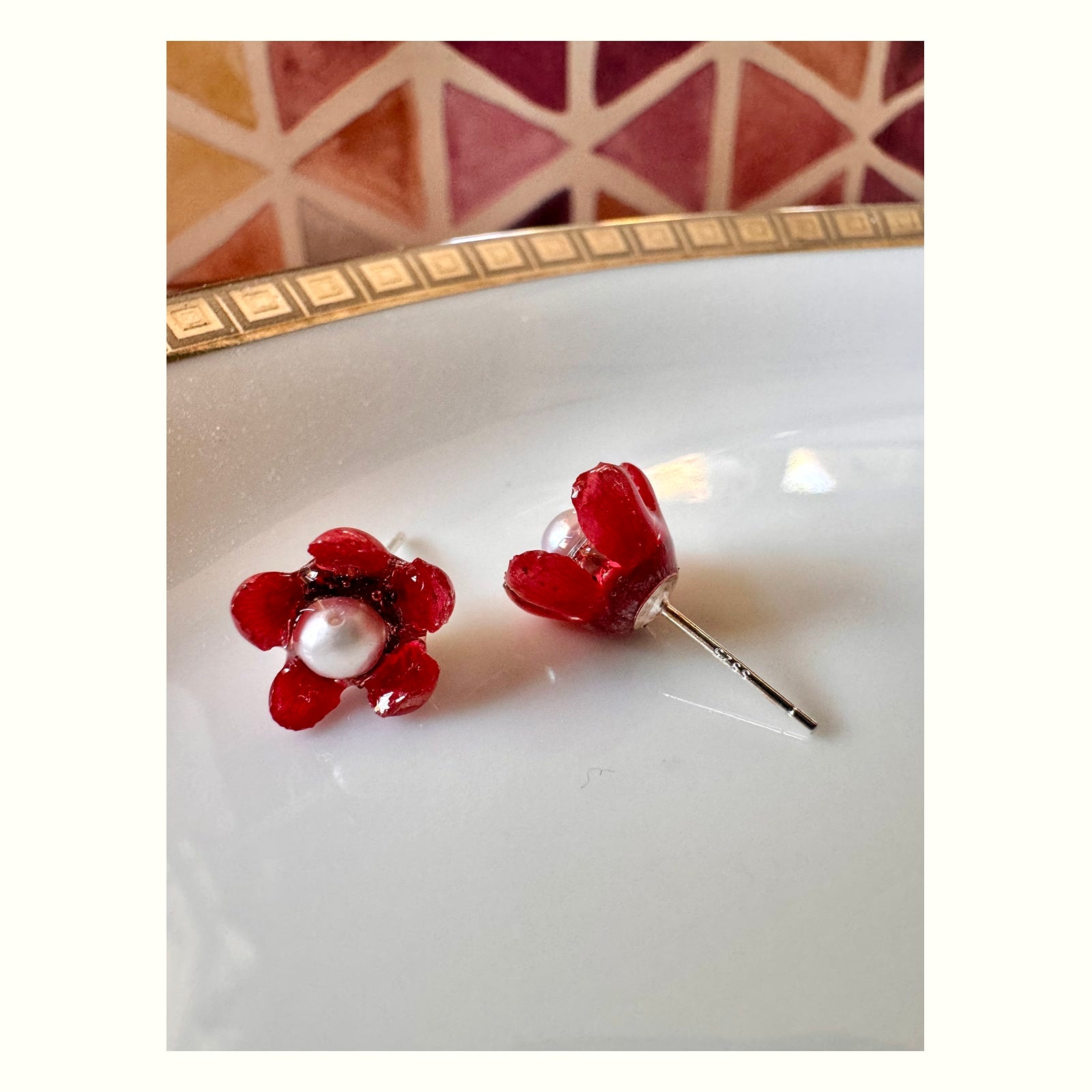 Wax Flower Pearl Silver Stud Earrings handmade real flower jewelry