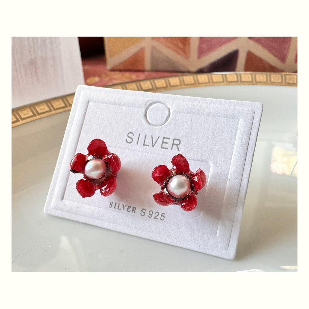 Wax Flower Pearl Silver Stud Earrings handmade real flower jewelry