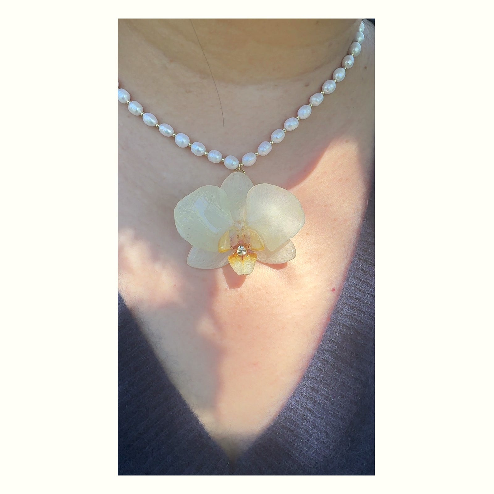 White Phalaenopsis Orchid Pearl Necklace handmade real flower jewelry