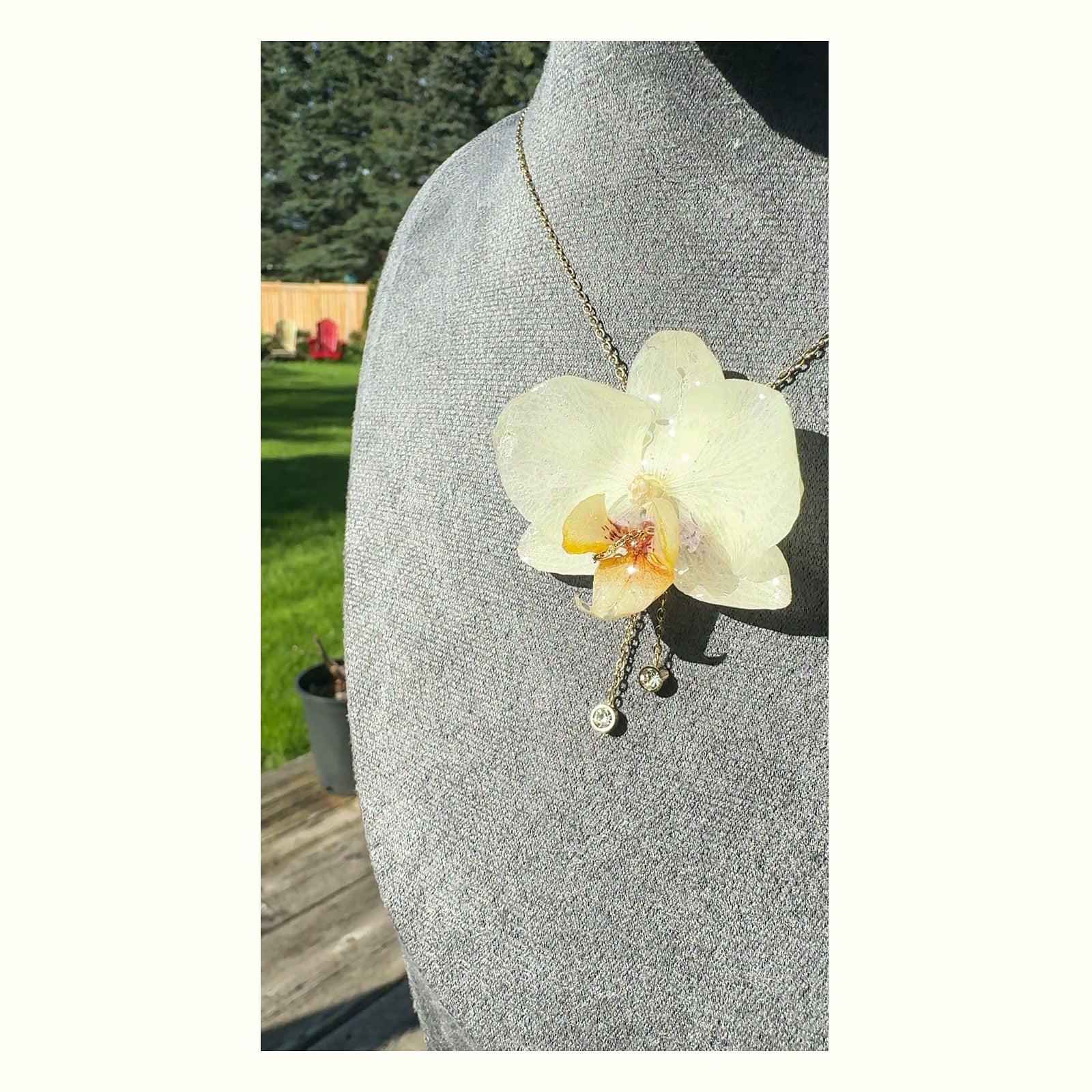 White Phalaenopsis Orchid Stainless Steel Necklace - Version 1 handmade real flower jewelry