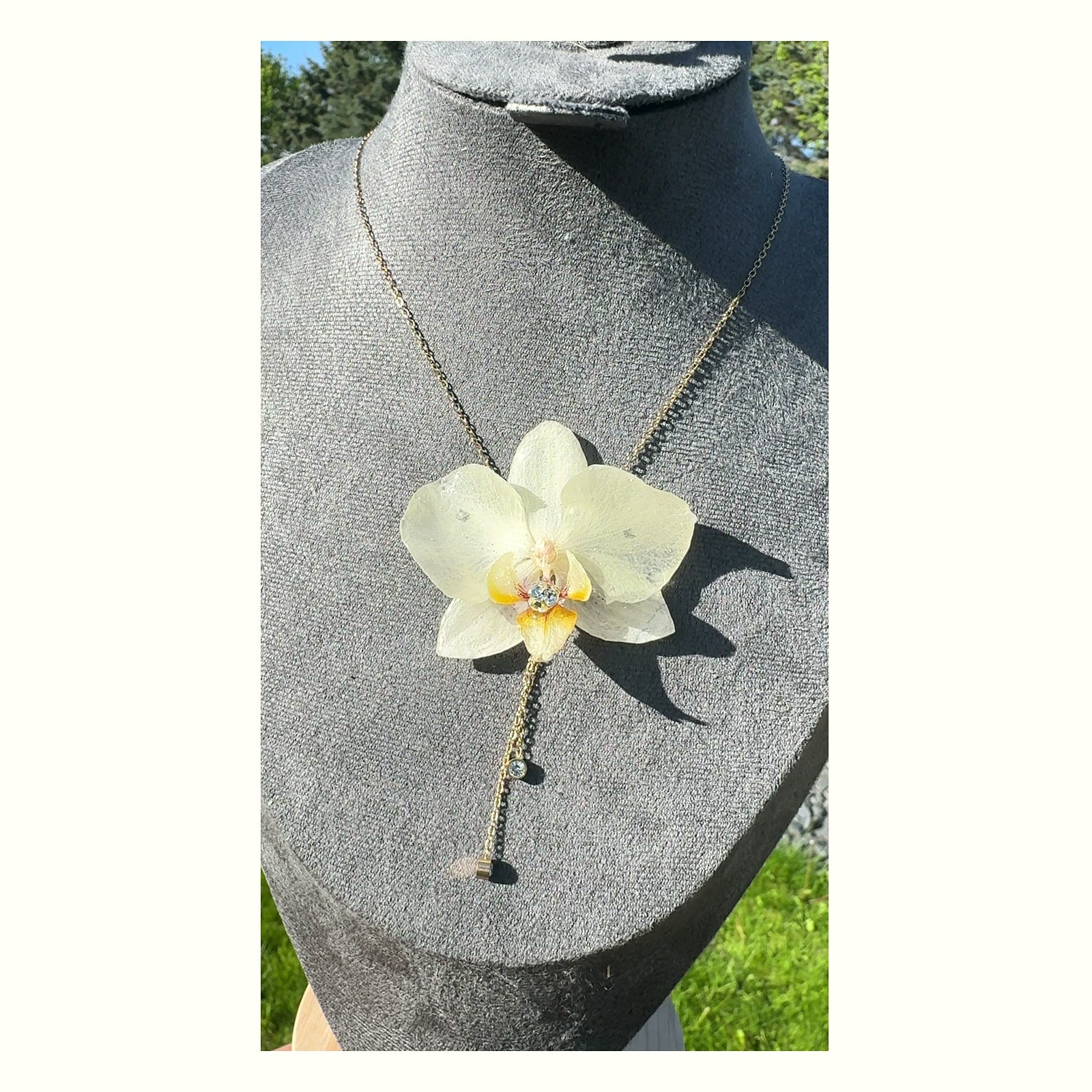 White Phalaenopsis Orchid Stainless Steel Necklace - Version 1 handmade real flower jewelry