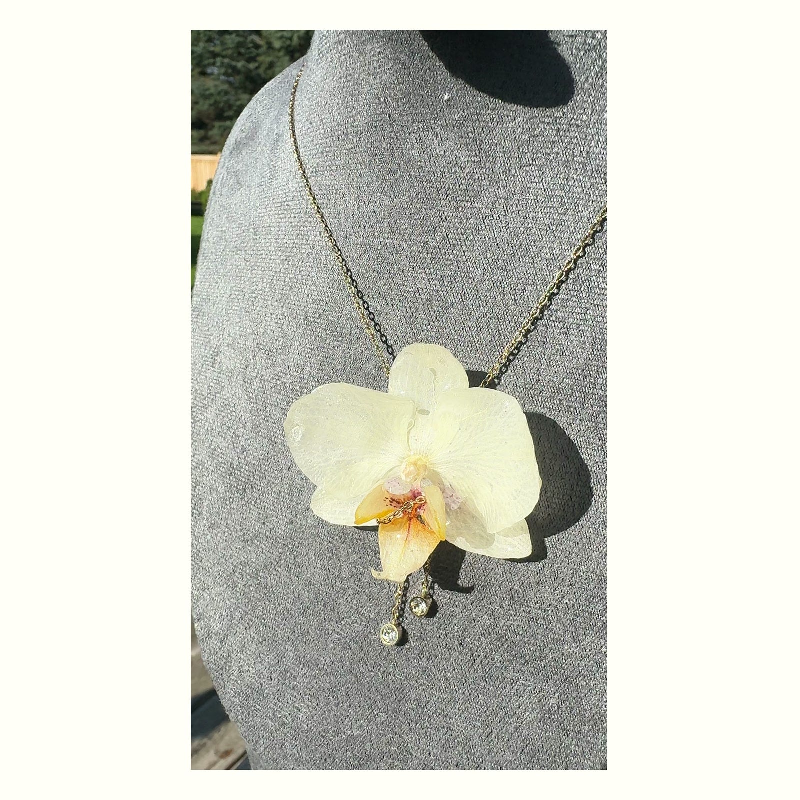 White Phalaenopsis Orchid Stainless Steel Necklace - Version 1 handmade real flower jewelry