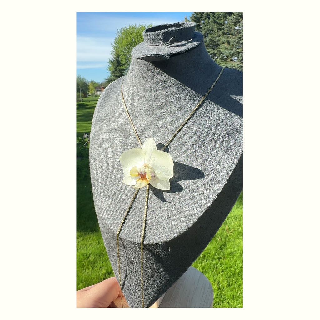 White Phalaenopsis Orchid Stainless Steel Necklace - Version 2 handmade real flower jewelry