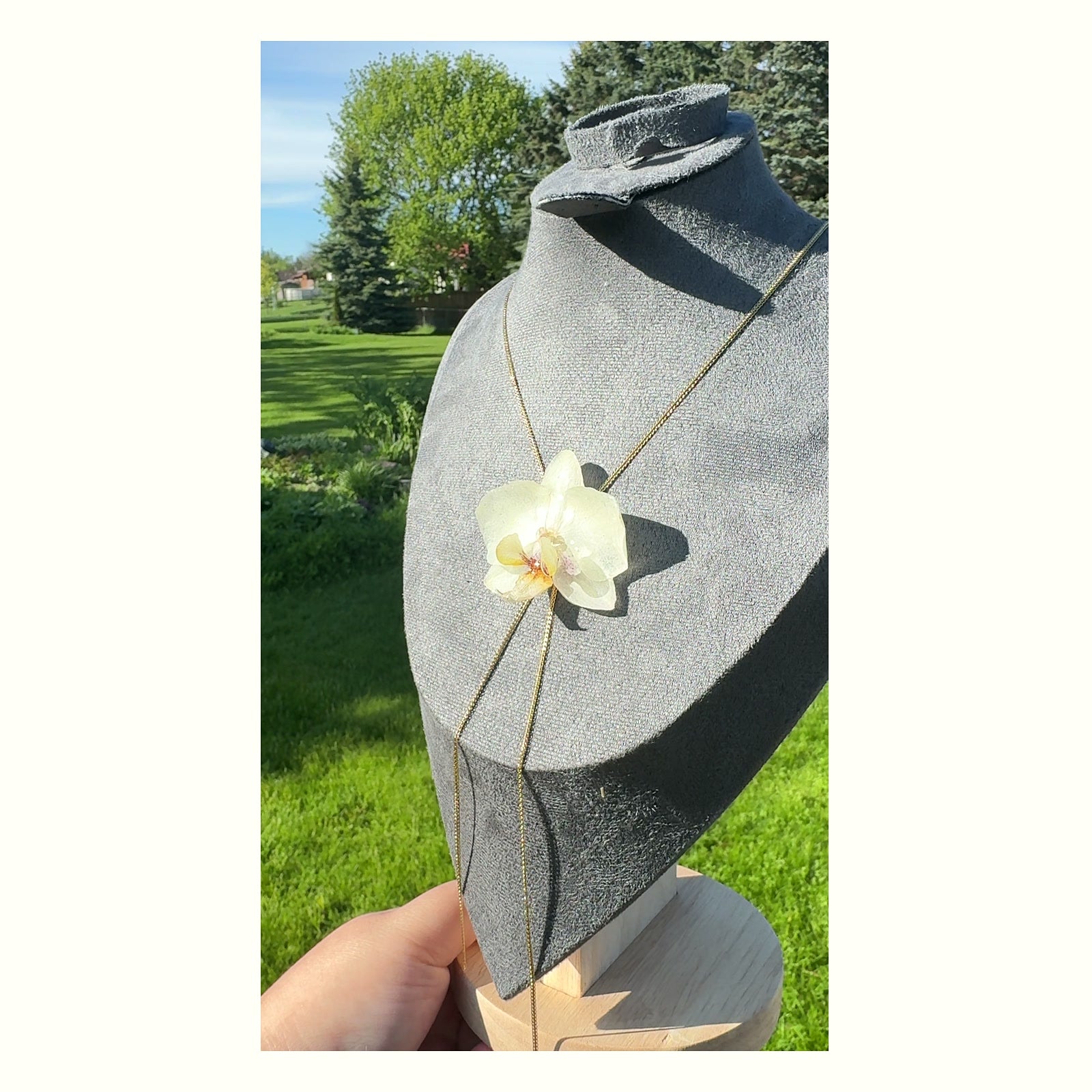 White Phalaenopsis Orchid Stainless Steel Necklace - Version 2 handmade real flower jewelry