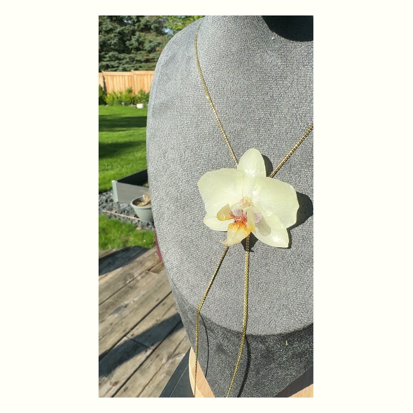 White Phalaenopsis Orchid Stainless Steel Necklace - Version 2 handmade real flower jewelry