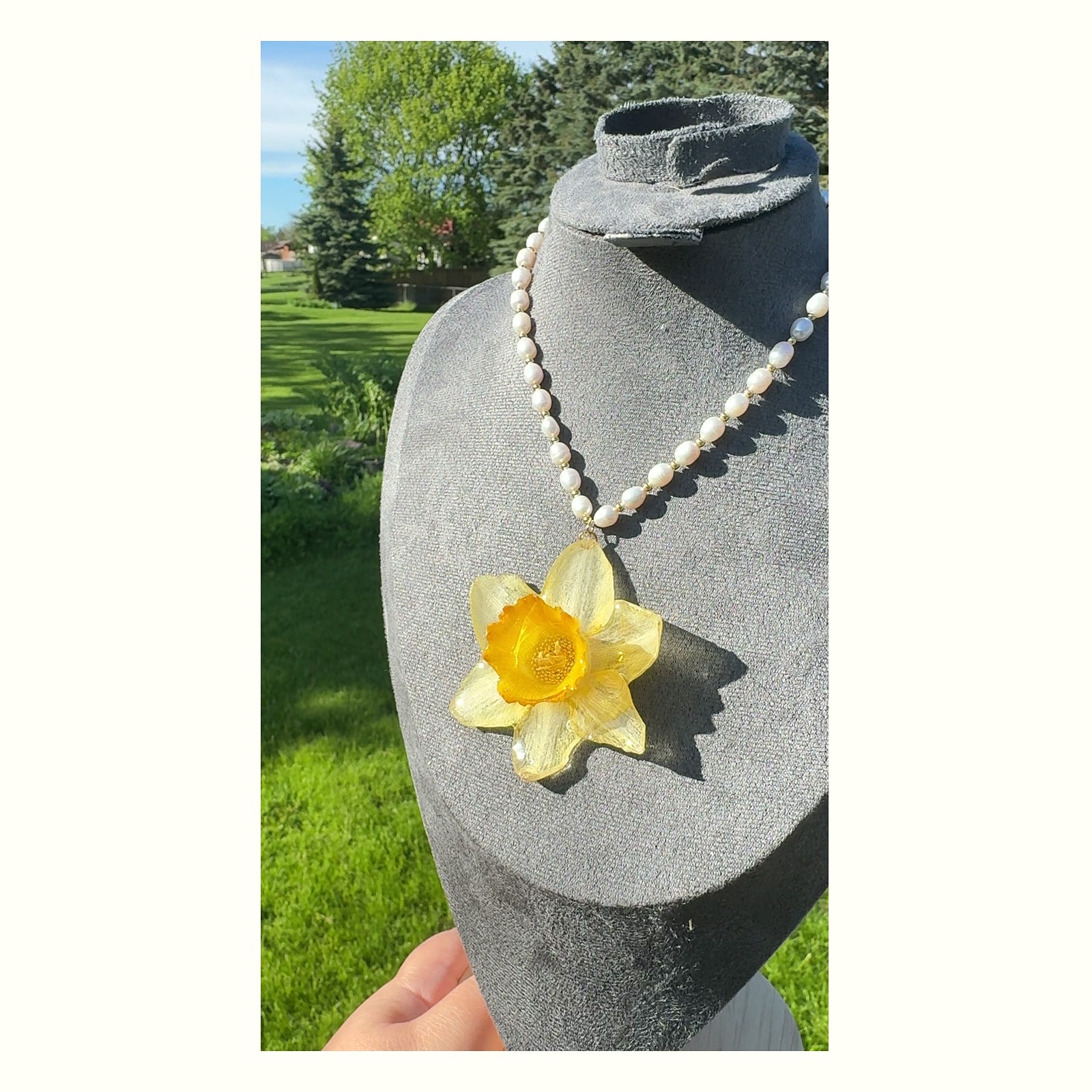 Yellow Daffodil Pearl Necklace handmade real flower jewelry