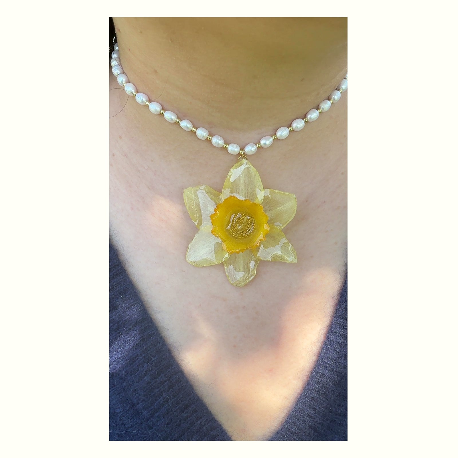Yellow Daffodil Pearl Necklace handmade real flower jewelry