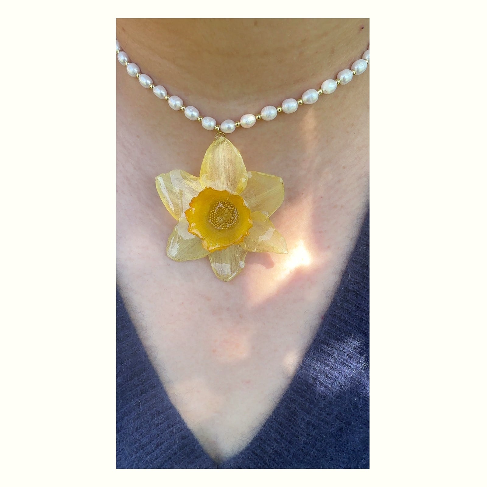 Yellow Daffodil Pearl Necklace handmade real flower jewelry